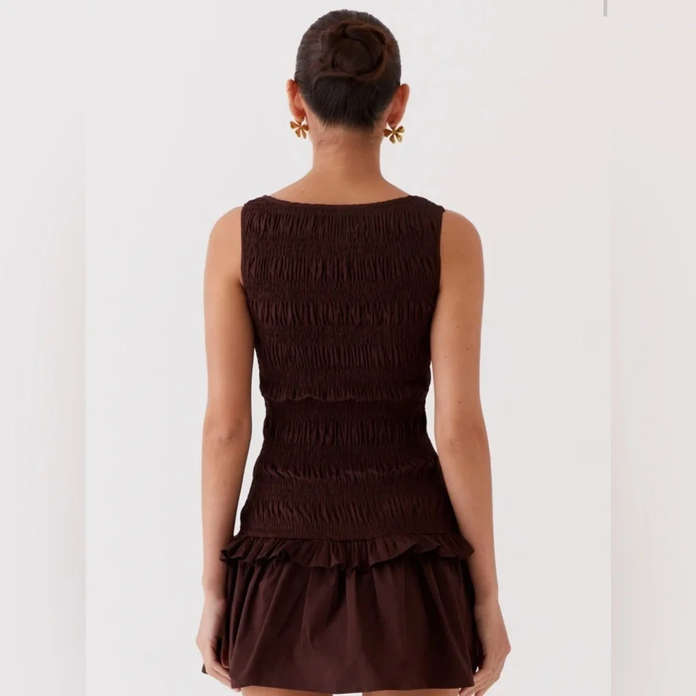 NWT Peppermayo Exclusive - Garden Kisses Shirred Mini Dress - Chocolate, Size 6 - Picture 5 of 15